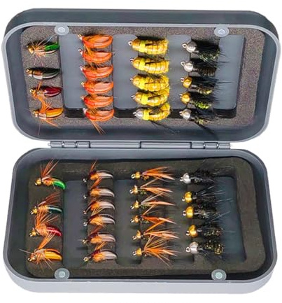 Qitewwrme 24-100 pièces appâts Faits à la Main,artificiels de pêche à la Mouche avec des Mouches sèches/humides appâts La Truite Pêche avec boîte Ensemble (40pièces/Set (6 Styles de mélange))