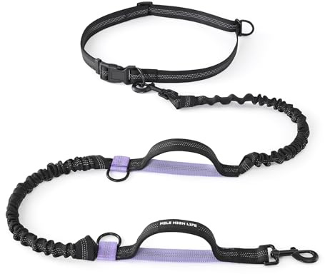 Mile High Life | Infällbart handsfree hundkoppel 7 fot | Midjelöpning justerbart | Reflekterande dubbla svarta bungees | dubbla handtag | små medelstora hundar | (ljuslila solid)