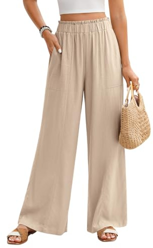 PASUDA Pantaloni Lino Donna Estivi Larghi Leggeri con Elastico in Vita Alta Eleganti Casual da Spiaggia Comodi Tinta Unita con Tasche
