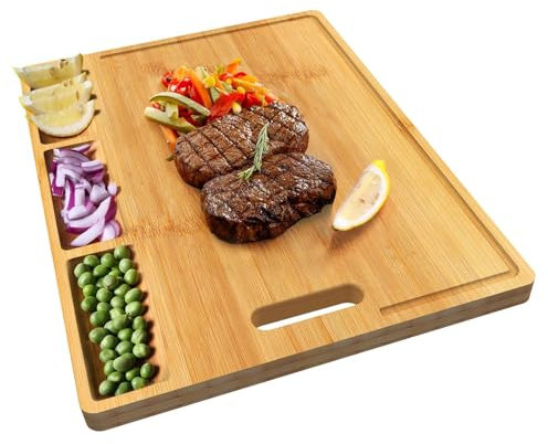 Schneidebretter aus Holz für Küche, Multifunktionales Bambus-Schneidebrett, großes Schneidebrett Holz, Charcuteriebretter, Holzschneidebrett mit 3 integrierten Fächern und Saftrillen