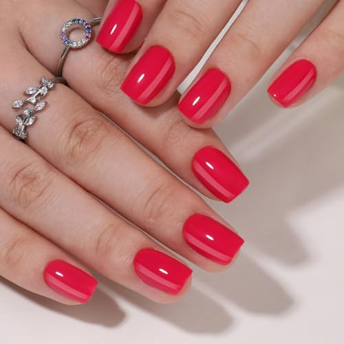 Anglicolor Faux ongles rouges à coller réutilisables,32 faux ongles courts en gel souple (Red-A4, 32 pièces)
