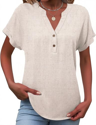 Tisfeer Womens Tops Short Sleeve Blouses Button V Neck Summer Linen Shirts | Dressy Casual Loose Fit Tunic Top Solid 2026 Trendy Clothes
