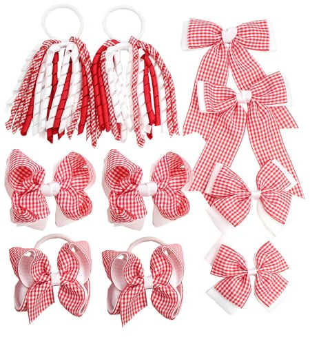 Umibow 10 st Gingham skolhåraccessoarer set uniform hårrosett klämmor tillbaka till skolan rutiga hårband gingham lockigt hår rosetter rosett hårspännen hästsvans hållare för flickor (röd)