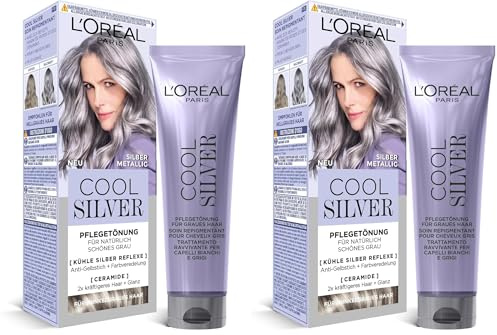 L'Oréal Paris Haarfarbe, Anti-Gelbstich, Farbveredelnde Pflegetönung mit Ceramiden, Für dunkelgraues Haar, Cool Silver, Farbe: Silber Metallic (Packung mit 2)