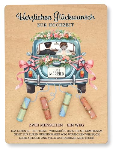 ZUKLA Verpackung für Geldgeschenke zur Hochzeit - 23 x 17 cm - mit Reagenzglas - Hochzeitskarte Geldgeschenk Verpackung Holz - Hochzeitsgeschenk für das Brautpaar - Hochzeitsgeschenk Geld - Auto