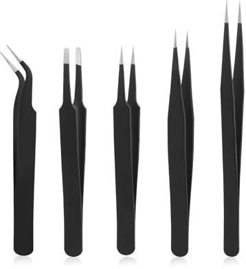 Juego de 5 pinzas, pinzas de punta curvada, reparación antiestática de precisión, pinzas para cuentas, para ordenadores, reparaciones electrónicas, joyas, laboratorio, trabajo de precisión (5 modelos)