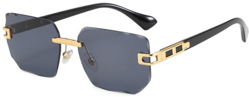 Long Keeper Occhiali da Sole Rettangolari Senza Montatura Vintage per Uomo Donna Retro Occhiali da Sole Quadrati Lenti Poligoni Irregolari Protezione UV400