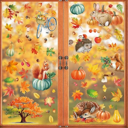 9 Blatt Fensterbilder Herbstdeko, Thanksgiving Deko, Thanksgiving Herbstdeko Fenster Aufkleber Ohne Kleber, Thanksgiving Fenster Dekorationen Statisch Doppelseitiger Druck Thanksgiving Deko (A)
