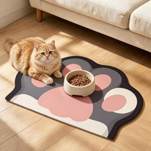 JanYoo 60 X 40 cm Napfunterlage Hund Katzen Groß, Futternapf Unterlage rutschfeste Saugfähige Katzennapf Futtermatte Katze Hundenapf Matte Futterunterlage für Hunde und Katzen(Rosa Pfoten)