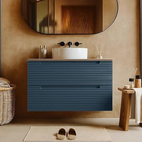 exagonshop Mobile Bagno Sky Blue 80x45 Mango Top Noce e lavabo da appoggio in Ceramica