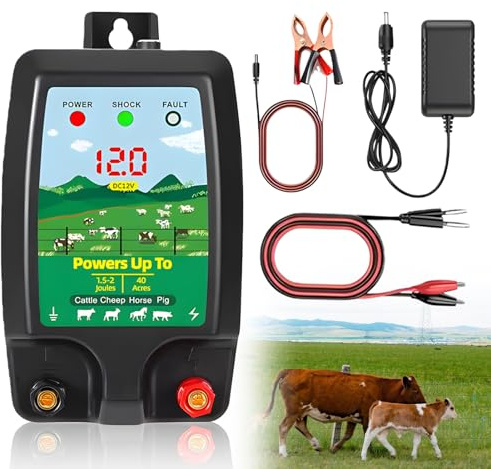 Valla eléctrica para pastos de 12 V con indicador LED, resistente al agua, 10 km, alcance de 1,5 – 2 julios, resistente al agua, dispositivo eléctrico para protección de animales de granja, mascotas