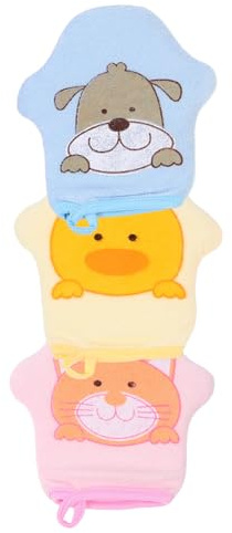 TOGEVAL Moufles de Bain Exfoliants Design Cartoon Adorable Lot de 3 Légers Gommage en Éponge et Coton pour Garçon et Filles pour Toilette et Bain Bébé
