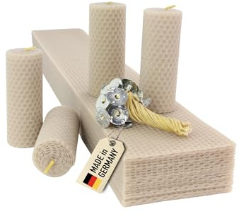Wachsmann Stumpen Kerzen selber machen, 100% reines Bienenwachs aus Deutschland, Advent & Weihnachten, Bienenwachsplatten 60 x 10 cm, DIY Bastelset Kinder, inkl. Dochte