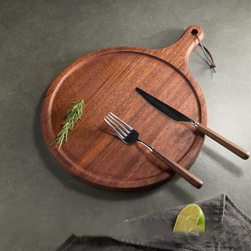 Tagliere in legno per cucina antiscivolo, per pizza e bistecca con bordi rialzati, manico lungo, perfetto per preparare servire dolci e pasti leggeri (40 x 30 x 1,8 cm)
