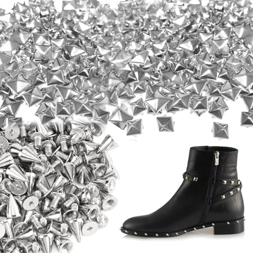 Rdunulioo 300 Stück Nieten Set Metall (200 Stück Quadratische Nieten, 100 Stück Spikes Studs) Nieten für Leder DIY Punk Nieten für Taschen Lederband Mäntel Handschuhe (Silber)