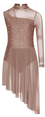 TiaoBug Mädchen Eiskunstlauf Kleider Asymmetrische Langarm/Ärmellose Kürkleider mit Glitzer Rollkragen Mesh Spleiß Leotard mit Tutu Eislaufen Wettbewerb Kostüm Altrosa 146-152