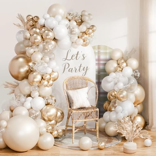 Luftballon Girlande Beige Champagner Gold, 115 Stück Creme Weiß Champagner Gold Luftballons Geburtstag Set mit Beige Ballons Nude Latex Ballons für Deko Geburtstag Frauen Boho Hochzeitsdeko Babyparty