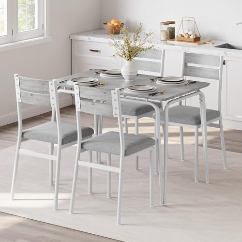 Niwugady 5-teilige Essgruppe, Tischgruppe für 4 Personen mit 1 Esstisch & 4 Gepolsterten Stühlen, Küchentisch mit Metallgestell Esszimmergruppe Esstisch und Stühle Set, Grau-Weiß