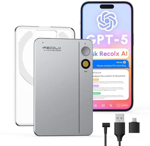 RECOLX KI Diktiergerät mit Hülle – 64 GB, ChatGPT-4 integriert, App-Steuerung, Transkription & Zusammenfassung mit 71 Vorlagen, KI-Analyse, 112 Sprachen, für Meetings & Vorträge – Grau