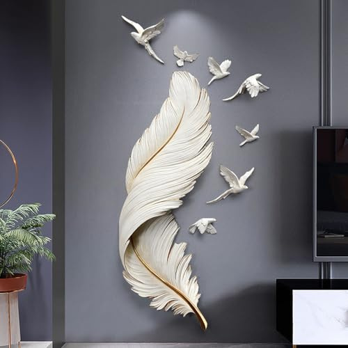 XYUERU 3D Weiße Feder Wandbilder Wanddeko Metall Wohnzimmer Schlafzimmer | Wandskulpturen mit 7 Fliegende Vögel, Groß Einfache