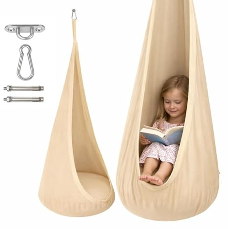 Clever Leon Hängesessel Kinder - Hängeschaukel aus Baumwolle - inklusive Montage-Set und Luftkissen - Kinderschaukel für Entspannung - Belastbar bis 60 kg - Beige