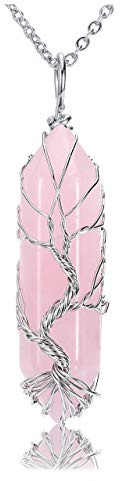 CrystalTears Rose Quartz Healing Crystal Stone Necklace Tree Life Wire Wrapped Natural Hexagonal Crystal Points Pendant Necklace Jewellry Mothers Day Gifts for Mum Women Her Wife