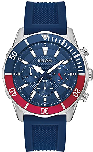 Bulova Men's Sport 6-Hand Chronograph Quartz Watch with Silicone Strap, 24 Hour Time, Calendar Date, Luminous Hands and Markers, 100M Water Resistant, 44mm Style: 98A288