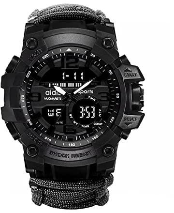 XHJL Digitala armbandsur, Unisex nödsportmilitära taktiska klockor med paracord/visselpipa/eldtändare/skrapa/kompass och termometer, 6-i-1 utomhusutrustning, Svart, rem