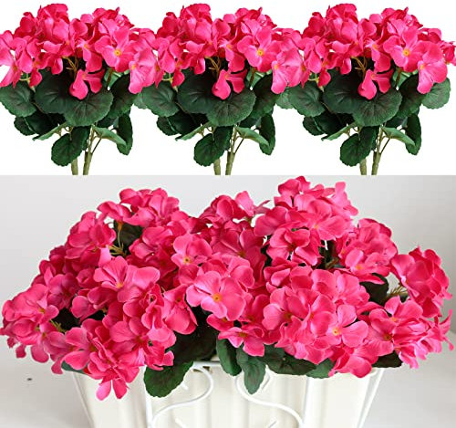 Htmeing Künstliche Geraniensträucher, dekorative Seidenblumen, Kunstpflanze für drinnen und draußen, Rosarot, 6 Stück