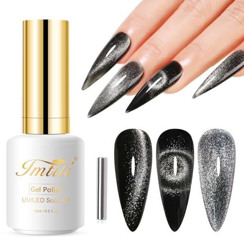 Imtiti Katzenauge UV Gel Nagellack, 15ML Schwarz Glitter Holografisch Mit Magnet, Galaxie Glitzer DIY Maniküre Nagelsalon