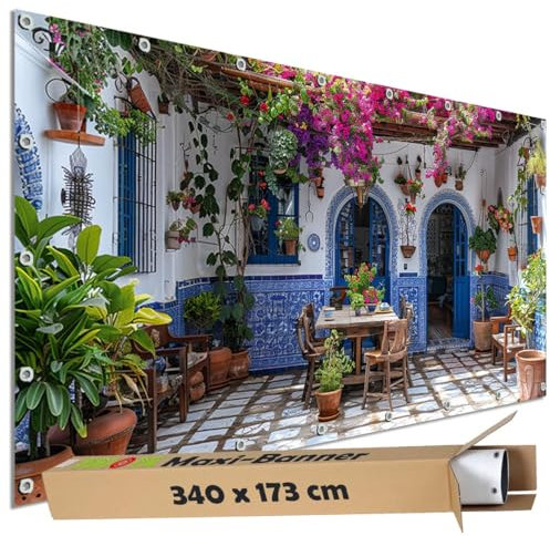 TRIOSK Sichtschutz Garten Dekoration Plane groß mit Motiv Landhaus Terrasse Mediterran Motivbanner Blickdicht für Terrasse Zaun Gartenzaun Gartenposter PVC Zaunblende 340x173 cm