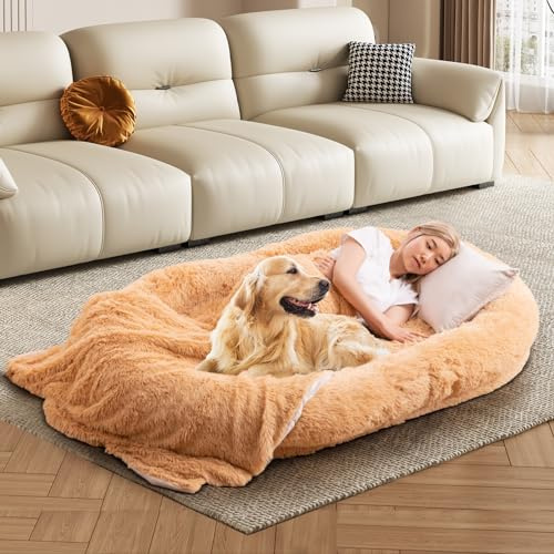 COSTWAY Hundebett für Menschen und Hunde, riesiges Human Dog Bed mit Kissen, Decke, Riemen, flauschig | waschbar | Abnehmbarer Bezug, Haustierbett für große Hunde Erwachsene, 171x115cm, Oval (Braun)