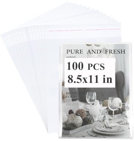 Miraclekoo 100 Pcs Resealable Magazine Bags Thick Clear Plastic Sleeves for 8.5x11 Inch Paper,Comic Book,Art Prints (Bag Size:8.75x11.06 inch)