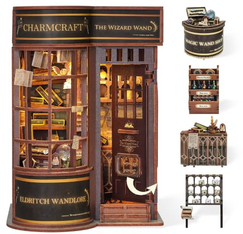 FUNPOLA 3D Holzpuzzle Zauberstab Buchnische Kit - DIY Miniatur Bücherregal mit LED Licht - Kreatives Dekogeschenk zum Ausstellen (Zauberstab Shop)