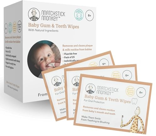 Matchstick Monkey Zahn- und Zahnfleischpflege-Tücher für Babys – Sanfte Mundhygiene unterwegs, mit Xylit, fluoridfrei, entfernt Milchreste & unterstützt gesunde Zähne, 0 Monate+, 25 Stück