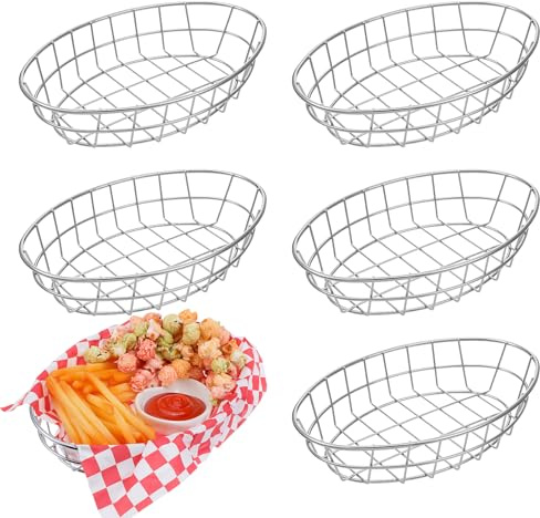 XLIUAX 6 Pcs Wire Bread Baskets, 9.5 x 6.2 x 2.2 Oval Dinner Roll Basket | Stainless Steel Decorative Sandwich Container for Serving Fruit Bowl Storage Kitchen Table Restaurant Fast Food Burger