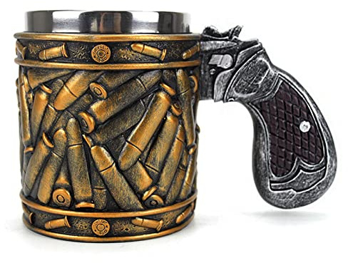 FDFDF Coffee Cup Novelty Revolver Pistol Handle Bullet Beer Gun Mug Handmade Tankard Wine Stein Drinking Stainless Steel Retro