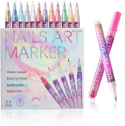 12 Colors Nail Art Pens Set, 2026 Upgrade Nail Art Markers, 0.5mm Fine Tip DIY Quick Dry Graffiti Dotting & Liner Pens for Gel Nails, 3D Nail Polish Pens for Painting, Nail Art Drawing Tool (1 Set)