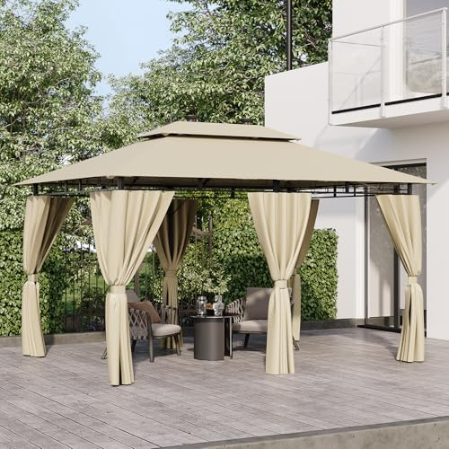 TRIUMPHKEY Pavillon 3x4 Wasserdicht Stabil Winterfest, Garten Pavillion mit seitenwänden, UV-Schutz 50+, Plane Gartenlaube, Metallrahmen Pavillon, Patio Gazebo, Beige