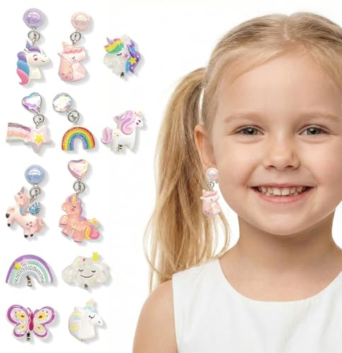 BCHMN 12 Paar Clip Ohrringe Kinder Mädchen, Ohrclips Kinder Magnet, Hübsch-Einhorn-Prinzessin-Ohrring Set