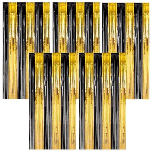 Torytoe Lametta Vorhänge Schwarz Gold, 5 Stück Glitzervorhang Geburtstag 1x2M Folienfransen Vorhang für Abschluss Ruhestandsfeier Anniversaire Movie Night Party
