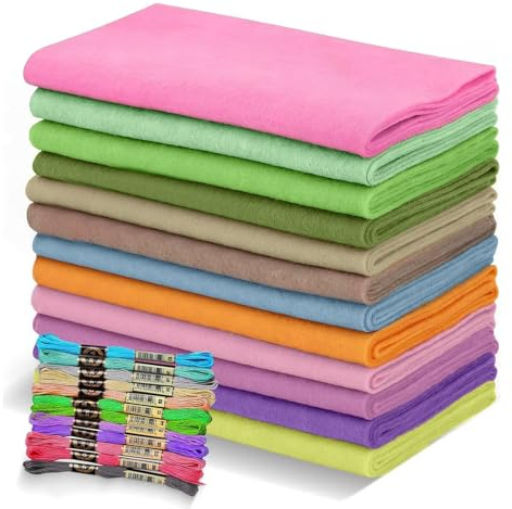 Bastelfilz 1mm, 12 Farben Filz zum Basteln 20 x 90cm Filzstoff zum Basteln mit Nähgarn Set Filzplatten für DIY Patchwork Handarbeiten Dekoration