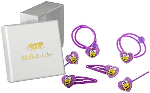 HAARallerliebst 6 Haarspangen Haargummis Haarklammern Set mit glitzernden Herzen mit Fröschen für Mädchen Kinder in weisser Box