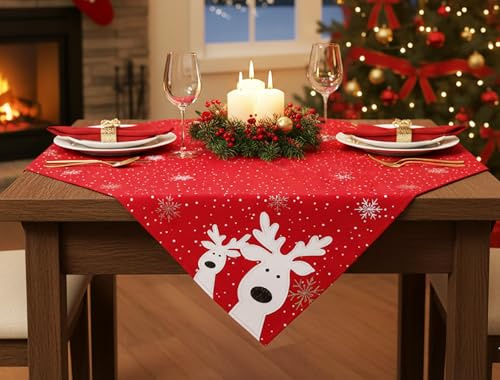 KAMACA Mitteldecke Tischdecke 85x85 cm festliches Rot mit filigraner Stickerei lustige, neugierige Elche & Schneeflocken robust farbecht pflegeleicht Winter Weihnachten (Lustige Elche rot 85x85)
