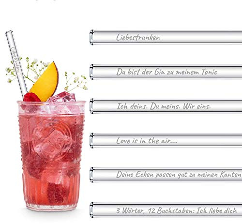 HALM Glas Strohhalme mit gravierten Liebe Sprüchen | 6 Stück 20cm mit Reinigungsbürste | Geschenk Freundin Mann für Jahrestag und Valentinstag | Liebesgeschenke für Männer und Frauen |