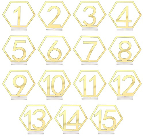 KINBOM 15 Stück 1-15 Hochzeit Acryl Tischnummern Ausschnitt mit Halter Hexagon Tische Mittelstücke für Empfangsdekorationen (Gold)
