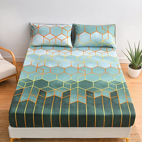 Luofanfei Spannbettlaken 90x200cm Grün Dunkelgrün Geometrisches Muster Spannbetttuch Microfaser Grüne Dunkelgrüne Bettlaken Gestreift Kariert für bis 25-30 cm Matraze