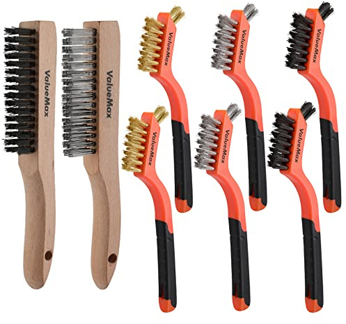 ValueMax Wire Brush Set, 8Pcs Stainless Steel/Brass/Nylon Bristles with Curved Handle Grip, Heavy Duty Stainless Steel Wire Scratch Brush with Beechwood Handle for Rust, Dirt and Paint Cleaning