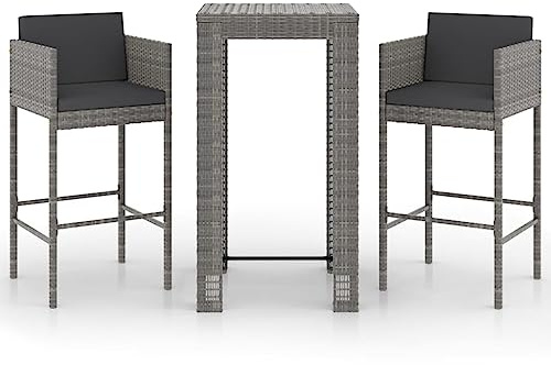 vidaXL Gartenbar Set 3-TLG. mit Kissen Theke Bar Tresen Gartentheke Bartisch Stehtisch Barhocker Barstuhl Gartenmöbel Poly Rattan Grau