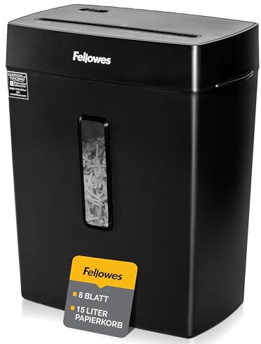 Fellowes Aktenvernichter, Papierschredder für 8 Blatt Partikelschnitt, Aktenvernichter P4, Schredder für Zuhause und Homeoffice, 15L Papierkorb, verarbeitet Kreditkarten, Heftklammern, Schwarz